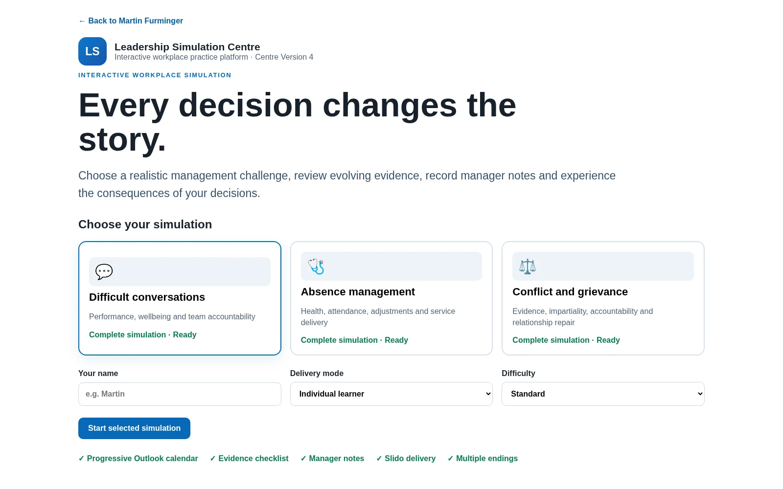 Preview of the Leadership Simulation Centre showing realistic management scenarios